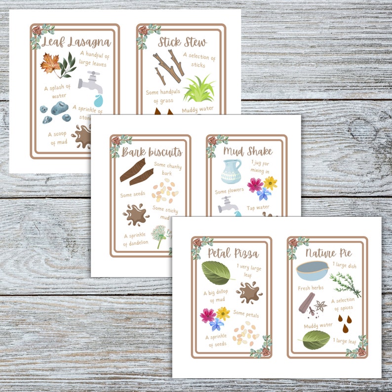 Mud kitchen recipe cards, printable flash cards, sensory play activities, outdoor activities, forest school, nature activity, eyfs resource image 6