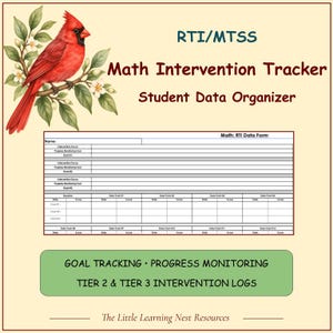 Könnte beinhalten: Ein digitales RTI/MTSS Mathe-Interventions-Tracker und Schülerdaten-Organizer-Dokument mit einem roten Kardinal auf einem Ast. Das Formular enthält Abschnitte für den Namen, Interventionsfokus, Ziele und Datenpunkte zur Fortschrittskontrolle.