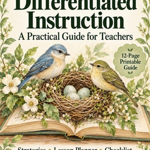 Può includere: Una copertina di libro intitolata Empowering Every Learner Differentiated Instruction A Practical Guide for Teachers. Presenta un nido d'uccello con tre uova macchiettate, due uccelli e fiori bianchi su un libro aperto.