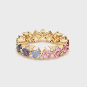 Natural Multi Sapphire Rainbow Band: 14k Gold Eternity Art Deco Handmade Wedding Ring