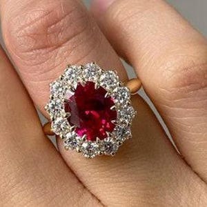 Anillo de compromiso vintage con rubí de talla ovalada: anillo de promesa Art Déco de oro de 14 k