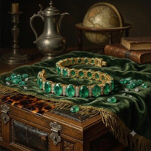 May include: A gold tennis bracelet featuring oval-cut green emeralds alternating with small round white diamonds. The bracelet is displayed on a dark green velvet cloth alongside several loose emeralds and small diamonds on a wooden box.