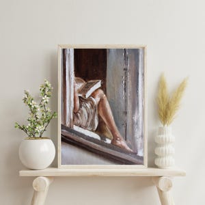 Woman Reading by Window Impasto Oil Painting Print, Cozy Literary Art Poster, Abstract Minimalist Wall Decor, Book Lover Gift