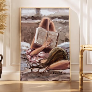 Woman Reading in Bed Impasto Oil Painting Print, Cozy Literary Art Poster, Neutral Aesthetic Bedroom Wall Decor, Book Lover Gift