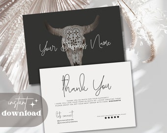 Może przedstawiać: Czarno-biała kartka z podziękowaniem z ozdobnym wzorem czaszki byka. Na kartce znajduje się tekst "Your Business Name", "Thank You", "Thank you so much for your support!!! I hope you love your items as much as I loved creating them! Please enjoy 10% off your next order with code DISCOUNT10", "Let's connect", "@yoursocialhandle", "@yoursocialhandlehere", oraz "Love your purchase? Let me know!" z pięcioma gwiazdkami.