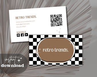 May include: A business card with a black and white chequered background and a brown oval with the text "retro trends." The card also includes a QR code, website address, email address, phone number, and social media icons.