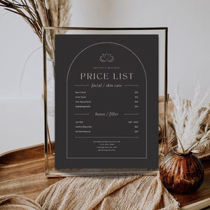 May include: A black and white price list for aesthethic wellness services. The list includes facial and skin care treatments, as well as botox and filler options. Prices are listed in US dollars.