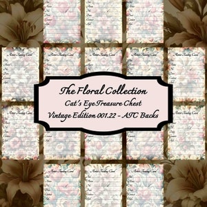 Puede incluir: Un conjunto de 12 tarjetas de intercambio de artistas (ATC) en blanco con un diseño floral. Las tarjetas están impresas en cartulina blanca con un patrón floral rosa claro y azul. La parte posterior de cada tarjeta tiene un espacio para el nombre del artista, el título, el número, la fecha, la información de contacto y el estilo.