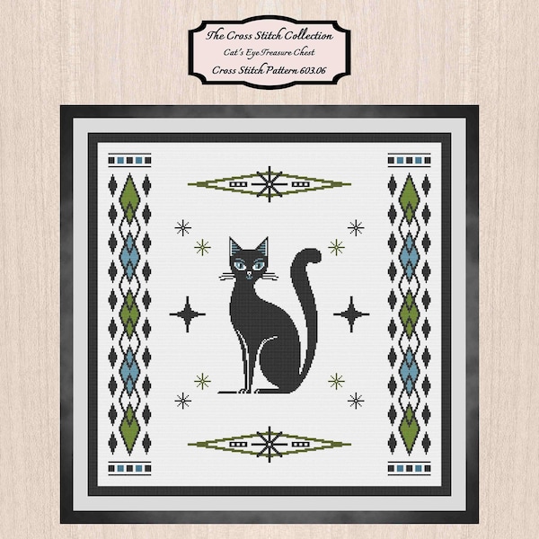 Retro Cross Stitch Pattern 603.06. Mid-Century Cross Stitch, Modern Art Cross Stitch, Art Deco Cross Stitch, Cat Cross Stitch Collection.