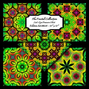 May include: A digital art print featuring a colorful, geometric pattern with shades of green, yellow, orange, red, and purple. The print is titled "The Fractal Collection: Cat's Eye Treasure Chest, Edition Set 006.05 - 12" x 12"