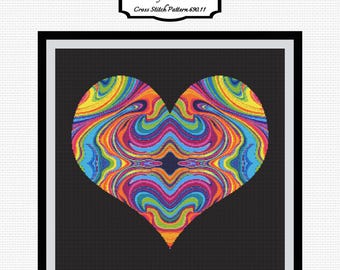 Retro Cross Stitch Pattern. Psychedelic Rainbow Hearts. Trippy, Abstract, Vibrant, Modern Embroidery. Striking Depth & Visual Effect 690.11