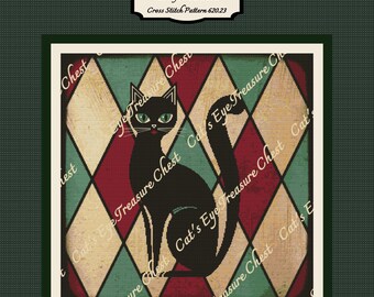 Retro Cat Cross Stitch Pattern, Atomic Cat Cross Stitch, Mid-Century Modern Cross Stitch, Modern Art Cross Stitch, Vintage, Harlequin 620.23