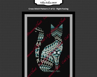Feline Echoes, Retro Cat Silhouette Cross Stitch Pattern, Atomic Cat, Mid-Century Modern, Art Deco, Abstract, Geometric Diamonds. 640.81