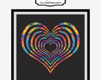 Retro Cross Stitch Pattern. Psychedelic Rainbow Hearts. Trippy, Abstract, Vibrant, Modern Embroidery. Striking Depth & Visual Effect 690.10