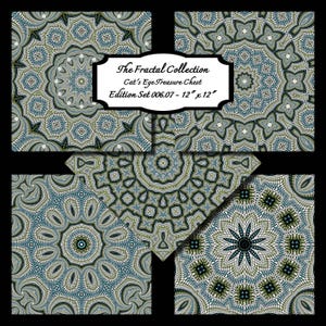 May include: A set of four 12-inch by 12-inch square tiles featuring a repeating pattern of green, blue, and white geometric shapes. The tiles are part of "The Fractal Collection: Cat's Eye Treasure Chest, Edition Set 006.07".