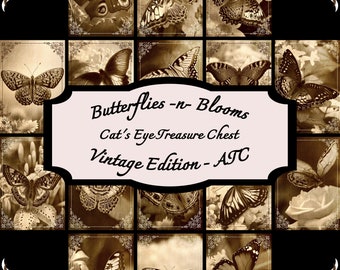 Butterflies -n- Blooms - Vintage Edition - Artist Trading Cards (ATC) - Printable Digital Download Set. Springtime Scrapbook.