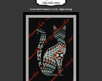 Feline Echoes, Retro Cat Silhouette Cross Stitch Pattern, Atomic Cat, Mid-Century Modern, Art Deco, Southwest, Geometric Diamonds. 640.83