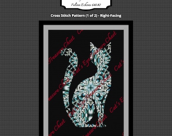 Feline Echoes, Retro Cat Silhouette Cross Stitch Pattern, Atomic Cat, Mid-Century Modern, Art Deco, Abstract, Geometric Diamonds. 640.82
