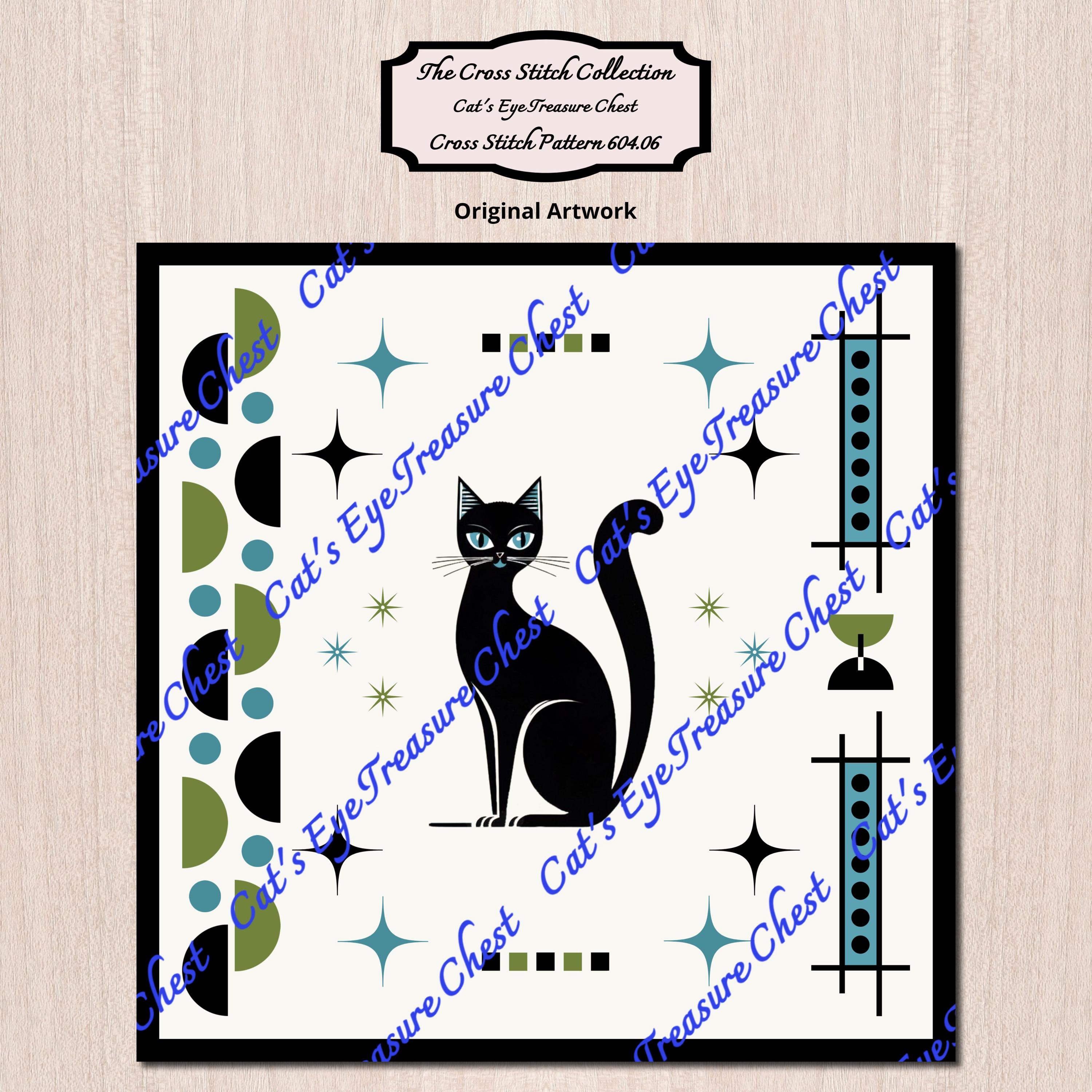 Retro Cat Cross Stitch Pattern, Atomic Cat Cross Stitch, Mid
