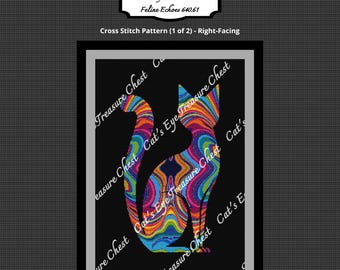 Feline Echoes, Retro Cat Silhouette Cross Stitch Pattern, Atomic Cat, Mid-Century Modern, Art Deco, Rainbow, Psychedelic, Abstract. 640.61