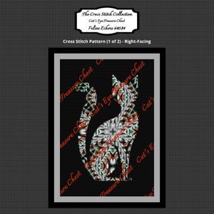 May include: Cross stitch pattern featuring a stylized cat silhouette with a patterned design in shades of red, green, and white. The text "Cat's Eye Treasure Chest" and "Feline Echoes 640.84" are visible. The pattern is labeled as "Cross Stitch Pattern (1 of 2) - Right-Facing."