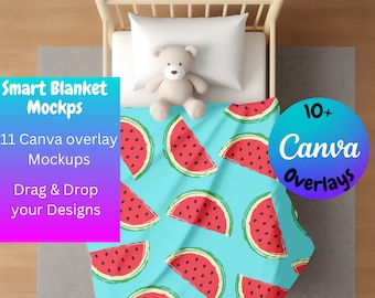 Blanket Mockups for Canva, Realistic blanket templates, 11 overlay images + 1 size chart, Instant Digital Download, Canva's Smart Frames