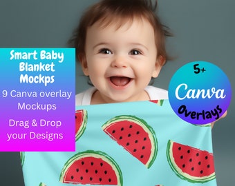 Baby Blanket Mockups for Canva, Realistic blanket templates, 8 overlay images + 1 size chart Instant Digital Download, Canva's Smart Frames