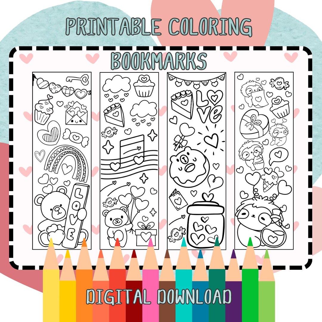 Valentine Coloring Bookmarks | Printable Valentines Day Bookmarks Set ...