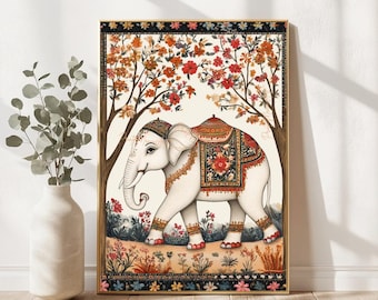 May include: An art print featuring a white elephant with ornate, colorful decorations, walking through a floral landscape. The elephant is adorned with a patterned saddle and headpiece. The background includes trees with red and orange flowers, and a decorative border.