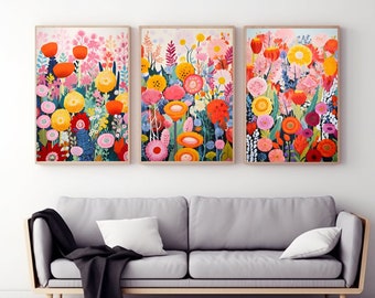 Abstract Floral Art Set of 3 Pink Floral Print Set Botanical Print Bundle Colorful Wall Art Set of 3 Matisse Inspired Poster Maximalist Art