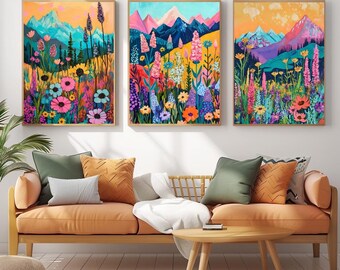 Colorful Mountain Art Set of 3 Abstract Mountain Print Bundle Colorful Landscape Art Vibrant Wildflower Garden Print Landscape Wall Art