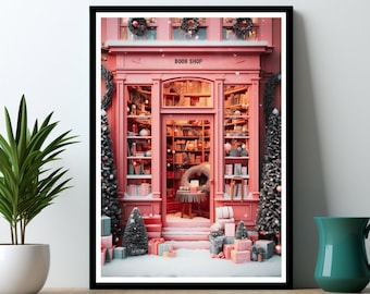 Snowy Christmas Bookshop Winter Book Store Print City Bookshop Poster Bookshop Art Bookworm Gift Booklover Bookshop Print Bookstore Poster