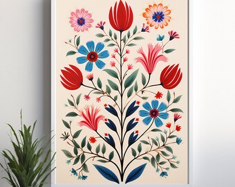 Blue and Red Indian Floral Print Indian Vintage Art Indian Folk Art Indian Art Tree of Life Pichwai Painting Indian painting Indian Wall Art