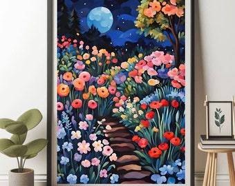 Op de afbeelding: Een ingelijste kunstdruk met een levendige tuinscène 's nachts. Het kunstwerk toont een pad dat door kleurrijke bloemen leidt onder een grote, gloeiende maan. Het kleurenpalet omvat blauw, roze, oranje en rood, wat een betoverende sfeer creëert.