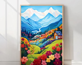 Colorful Mountain Print Colorful Wall Art Vibrant Mountain Landscape Abstract Mountain Print Colorful Scenery Maximalist Art Floral Wall Art