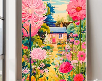 Pink Garden Painting Flower Garden Illustration Vibrant Colorful Landscape Painting Spring Garden Art Colorful Wall Art Bright Pink Scenery