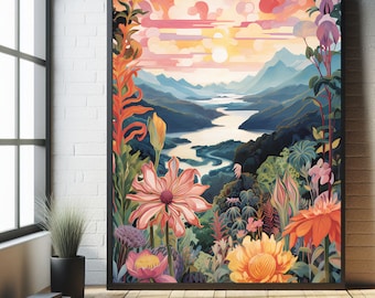 May include: A framed art print featuring a vibrant landscape with a river winding through mountains under a sunset sky. The foreground showcases colorful flowers in shades of pink, orange, and yellow, with lush green foliage. The artwork is displayed against a white brick wall.