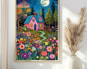 Whimsical Garden Painting Night Flower Garden Illustration Pink Garden Print Colorful Floral Landscape Colorful Wall Art Starry Landscape
