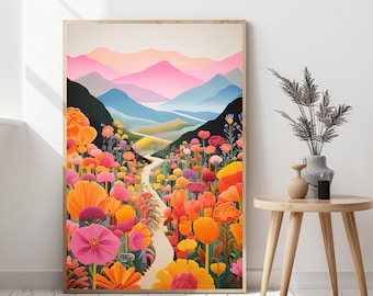 Abstract Mountain Landscape Print Whimsical Mountain Painting Abstract Mountain Art Wildflower Colorful Wall Art Colorful Mountain Scenery