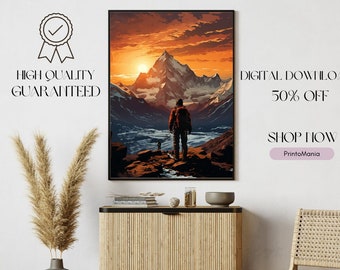 May include: A framed art print depicts a mountain landscape at sunset. A person stands on a rocky outcrop, gazing at the snow-capped peak. The sky is ablaze with orange and yellow hues. Text on the image reads "HIGH QUALITY GUARANTEED" and "DIGITAL DOWNLOADS 50% OFF".