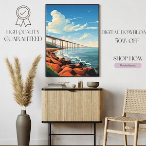 Op de afbeelding: Een ingelijste kunstdruk toont een brug over water onder een blauwe lucht met wolken. Het kunstwerk wordt tentoongesteld boven een houten kast en naast een gevlochten stoel. Tekst op de afbeelding luidt "High Quality Guaranteed" en "Digital Downloads 50% Off".
