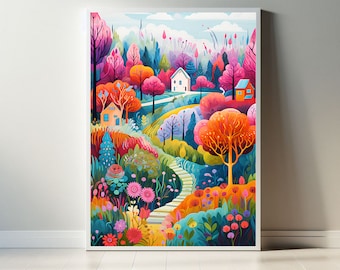 Op de afbeelding: Een ingelijste kunstdruk met een levendig, kleurrijk landschap. Het kunstwerk toont een grillige scène met glooiende heuvels, bomen in roze, oranje en blauwe tinten en kleine huizen. Een kronkelend pad leidt door de scène en creëert diepte.