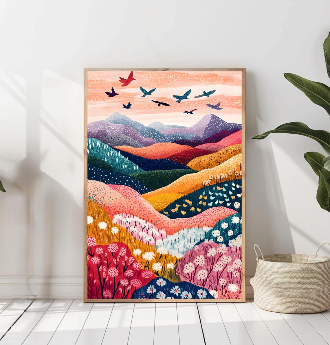 Flying Bird Flock Painting Abstract Mountain Artwork Abstract Flying ...