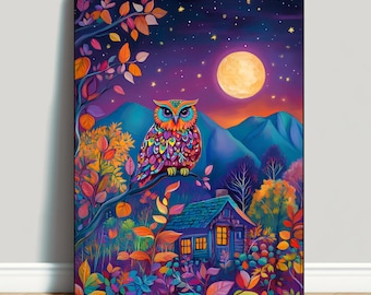 Colorful Owl Painting Owl in Garden Print Barn Owl Art Moonlit Landscape Vibrant Garden Painting Owl Wall Art Owl Lover Gift Owl and Moon