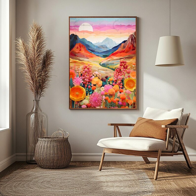 Pu&ograve; includere: Un dipinto ad acquerello incorniciato raffigura un paesaggio vibrante con montagne, un sole al tramonto e fiori colorati. L'opera d'arte presenta una tavolozza di rosa, arancione, blu e verde, creando una scena calda. Il dipinto &egrave; esposto in un soggiorno.