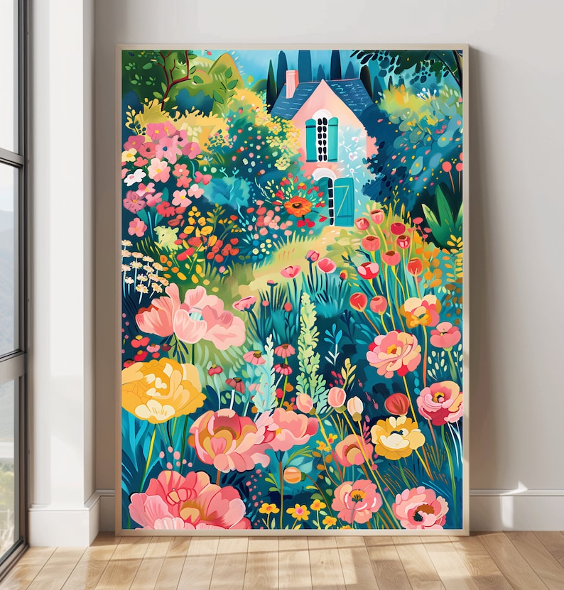 May include: A framed art print of a colorful garden scene. The artwork features a pink house with blue shutters surrounded by vibrant flowers in shades of pink, yellow, and red. The background is a mix of green foliage and a blue sky.