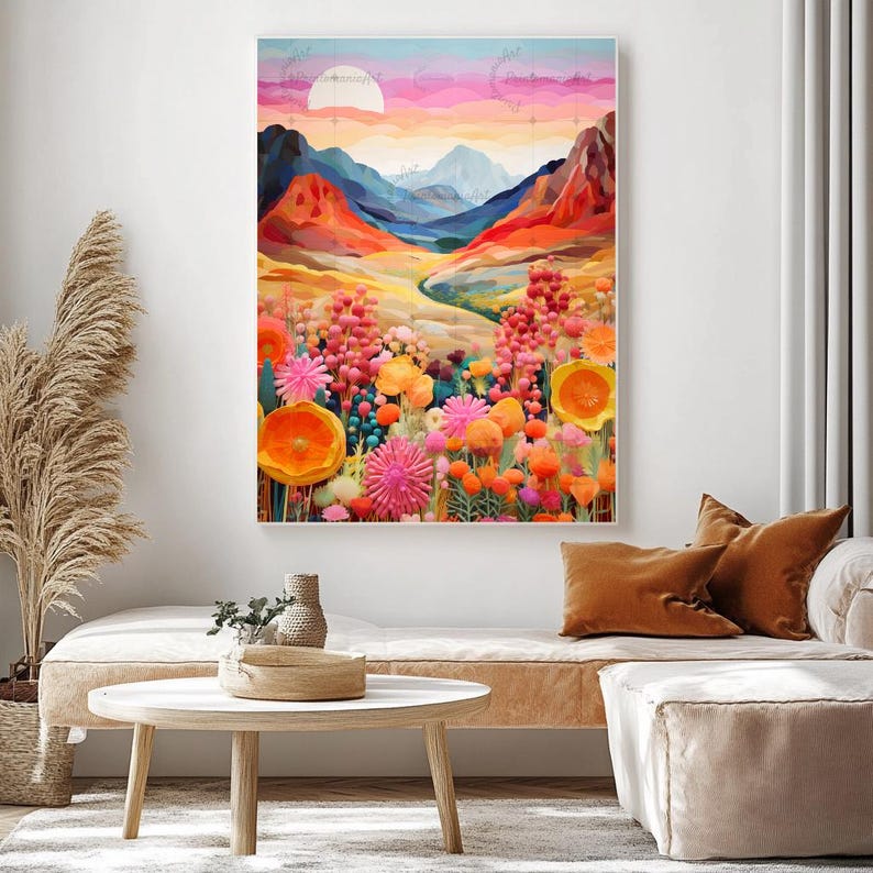Pu&ograve; includere: Un vivace dipinto ad acquerello di un paesaggio montano con un tramonto colorato. L'opera presenta un campo di fiori rosa, arancioni e gialli brillanti in primo piano, con montagne nelle tonalit&agrave; del blu, rosso e arancione sullo sfondo.