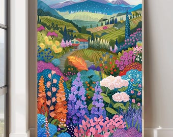 Colorful Abstract Landscape Print Abstract Mountain Illustration Mountain Scenery Maximalist Wall Art Abstract Art Bright Vibrant Floral Art