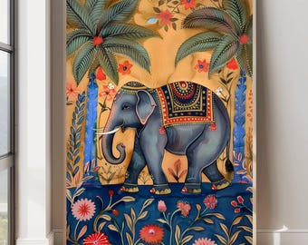 伝統的なインドの象、インドの民芸品、インドのヒンドゥー寺院の象、装飾されたインドの象の壁画、ヴィンテージのインドのアートワーク