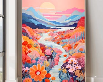 Impresión de paisaje de Orange Mountain Pintura de montaña caprichosa Arte abstracto de montaña Arte mural colorido de flores silvestres Paisaje de montaña colorido